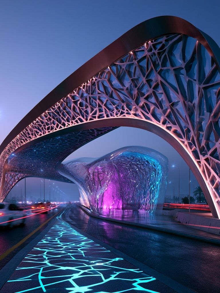 Futuristic Neon Bridge Architecture Poster. poster — architecture art