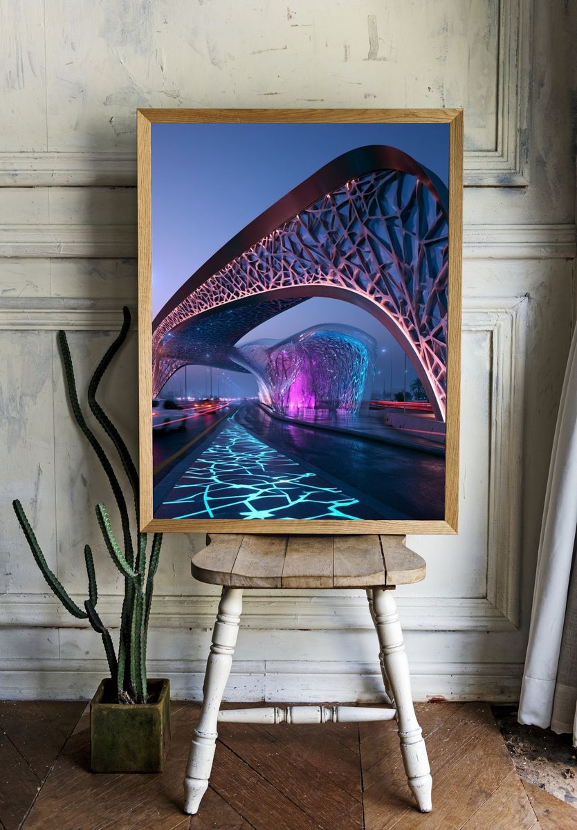 Futuristic Neon Bridge Architecture Poster. room preview