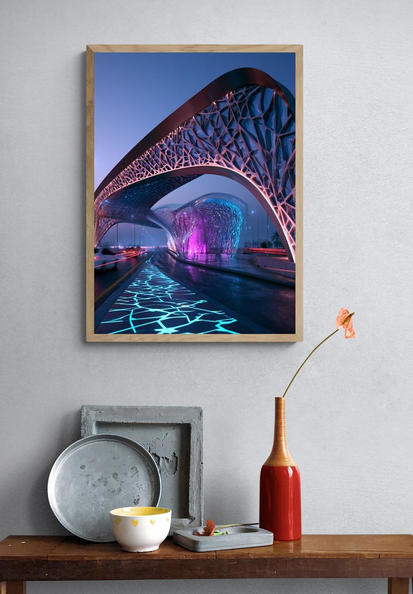 Futuristic Neon Bridge Architecture Poster. — room view 3