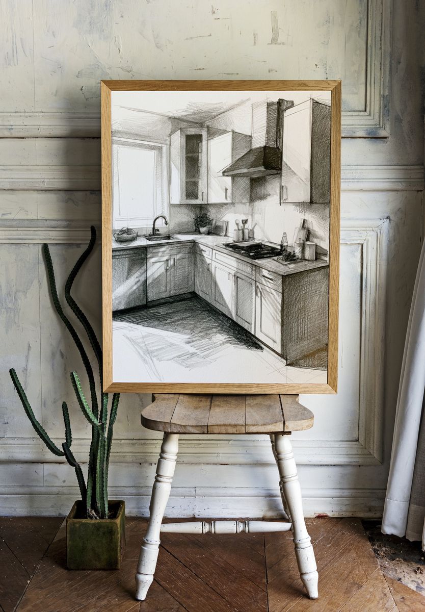 Sketchy Modern Kitchen Illustration Poster. — room view 1