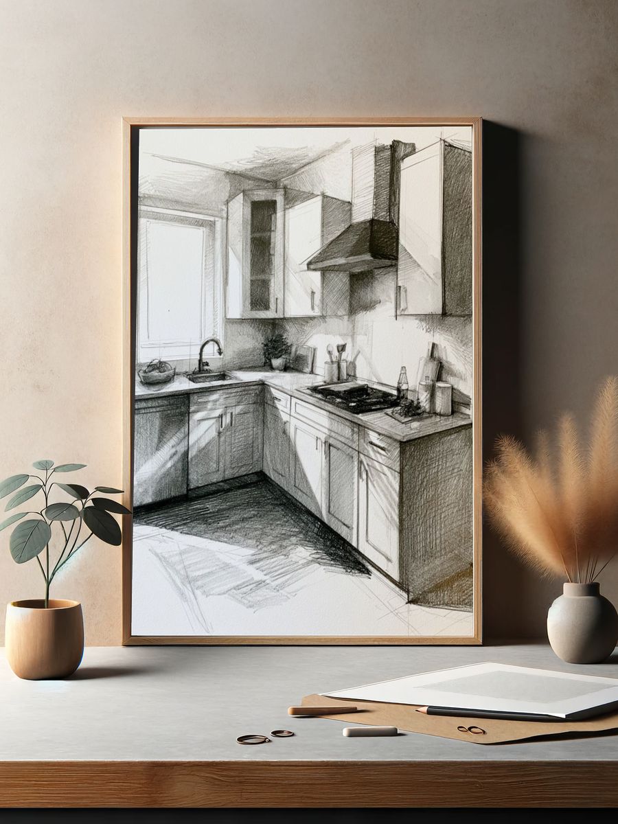 Sketchy Modern Kitchen Illustration Poster. — room view 2