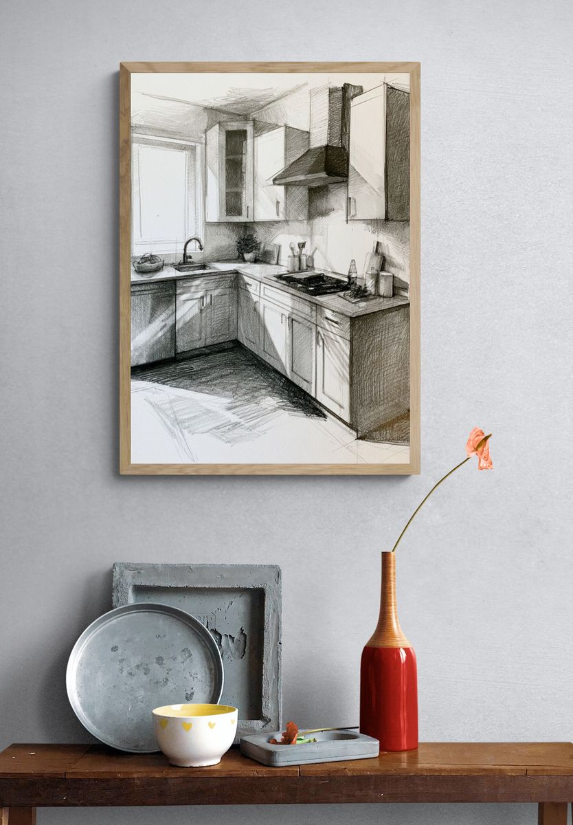 Sketchy Modern Kitchen Illustration Poster. — room view 3