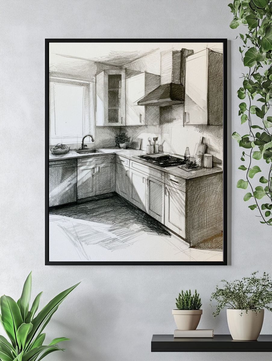 Sketchy Modern Kitchen Illustration Poster. — room view 4
