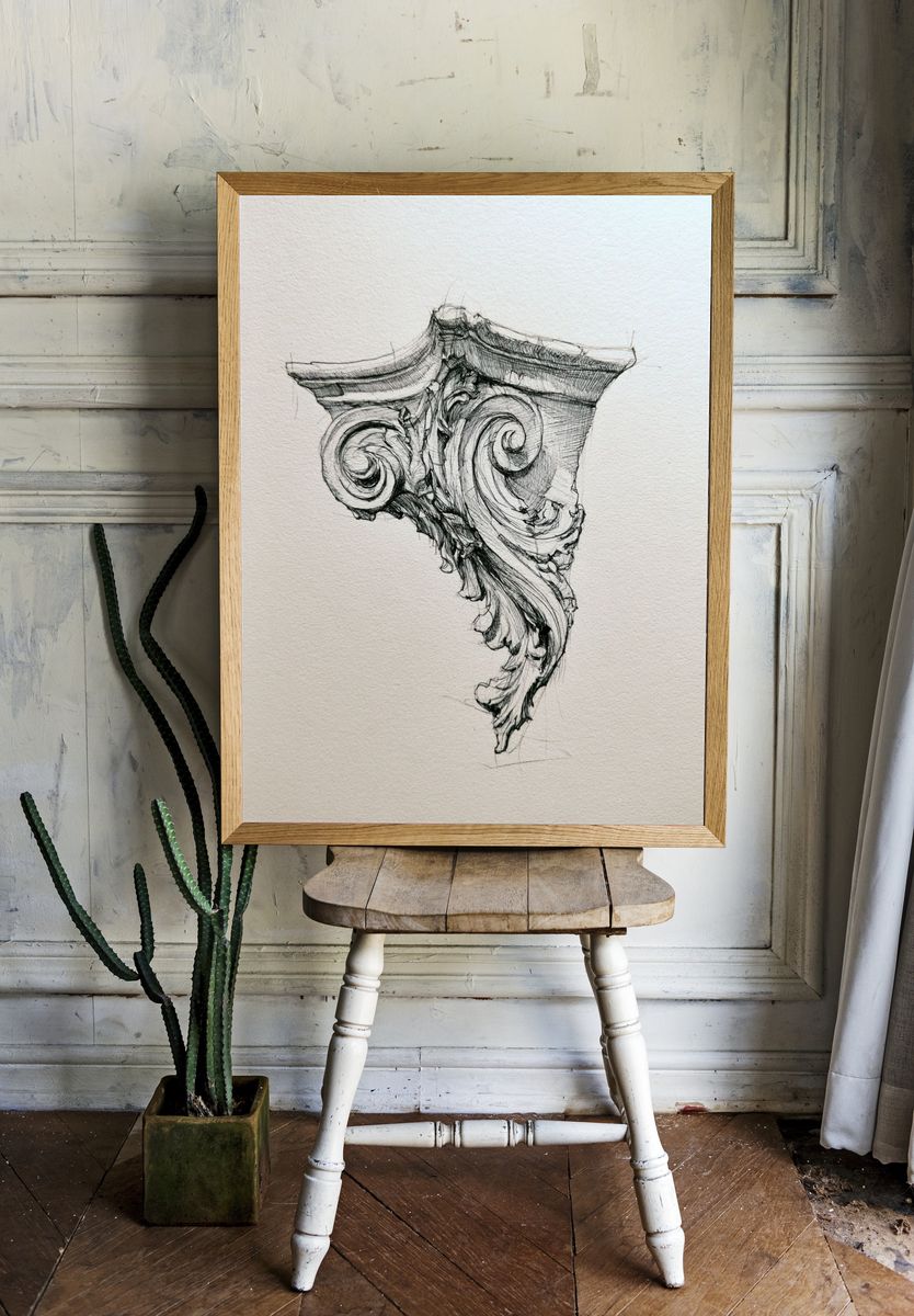 Ornate Corinthian Capital Sketch Print. — room view 1