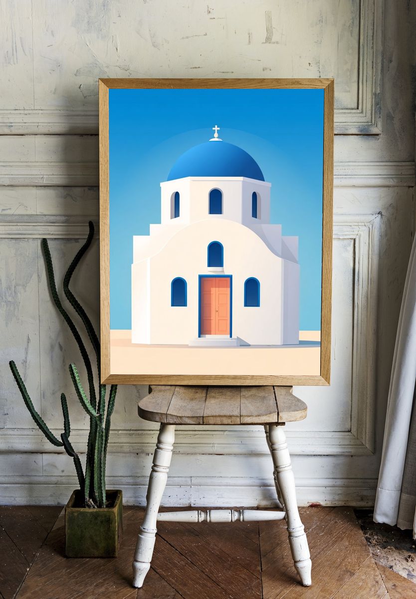 Santorini Church Illustration Poster. — room view 1