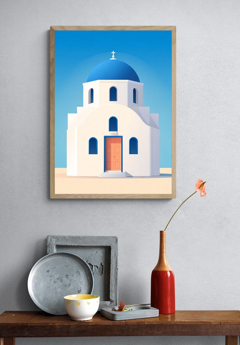 Santorini Church Illustration Poster. — room view 3