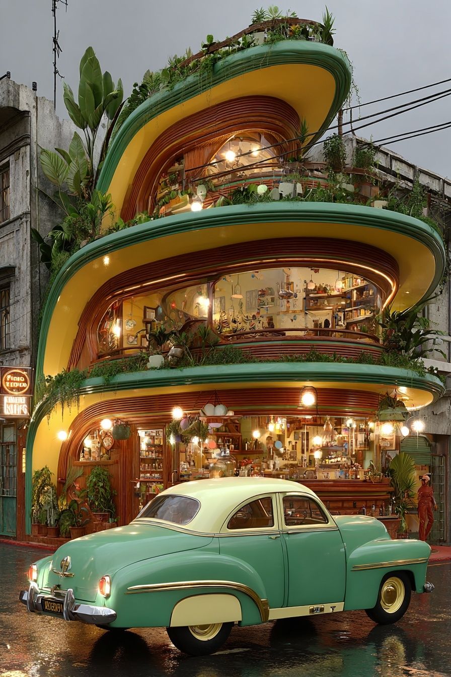 Retro Green Car and Modern Architecture Poster. poster — architecture art