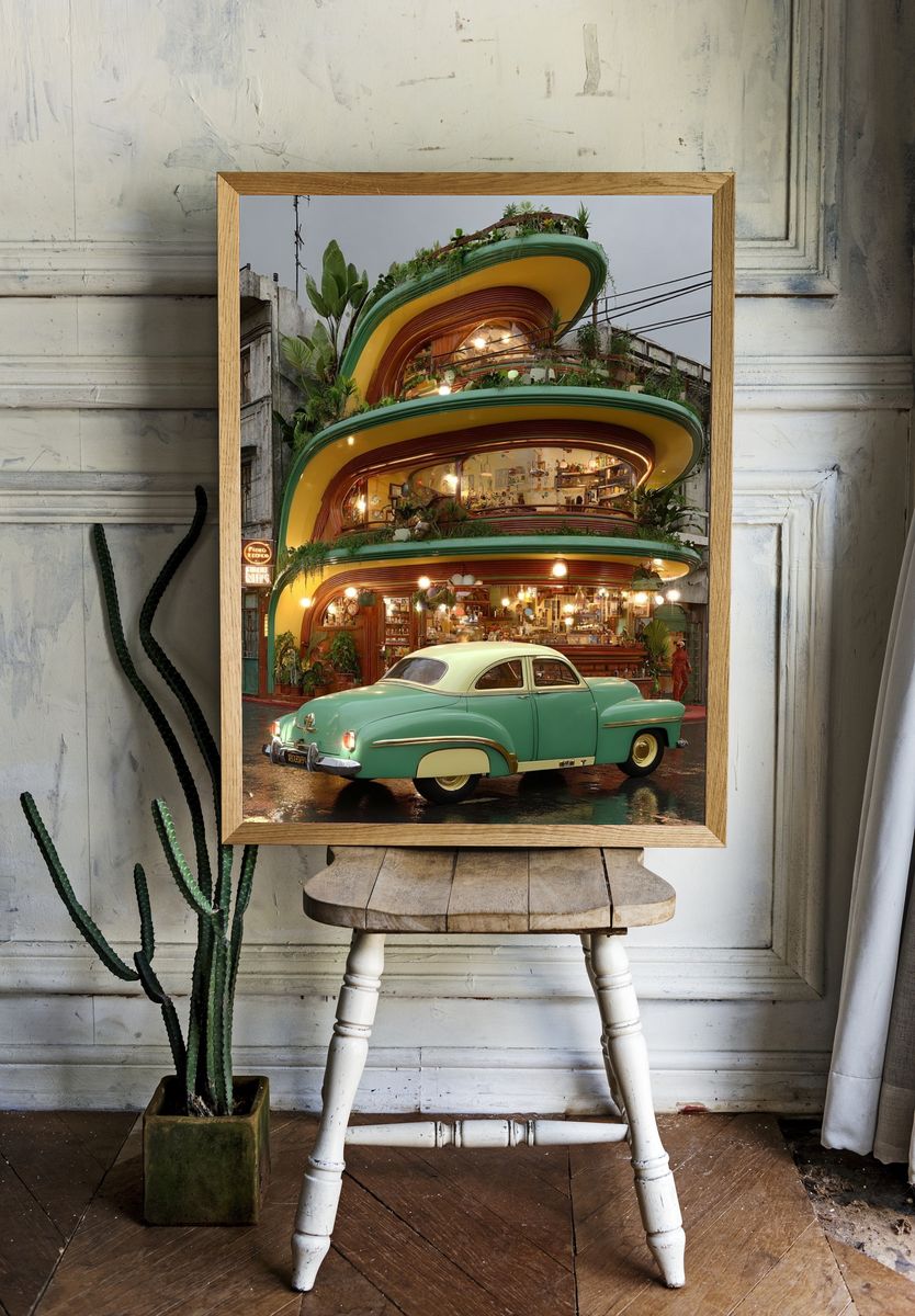 Retro Green Car and Modern Architecture Poster. room preview