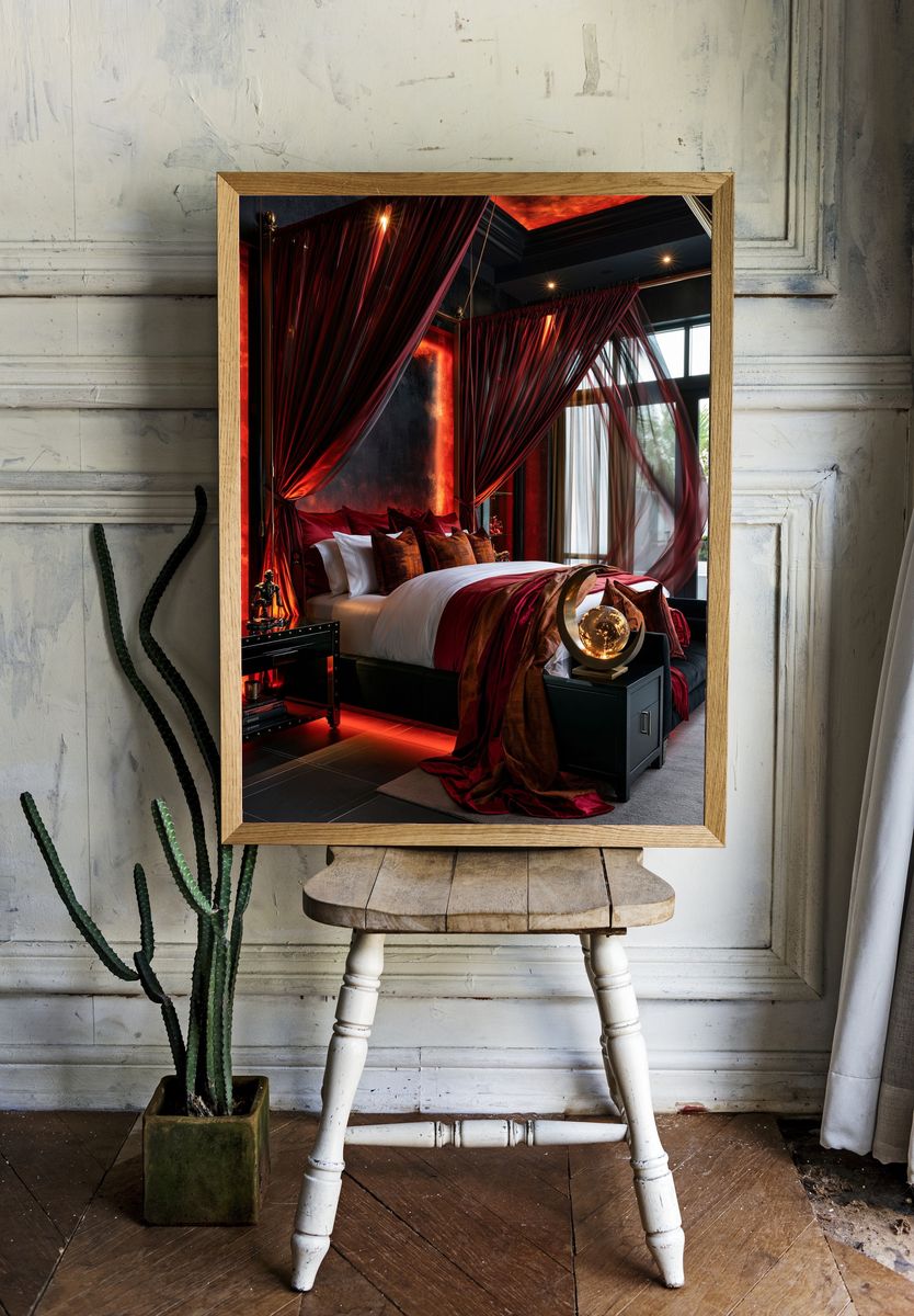 Luxury Red Canopy Bedroom Print. — room view 1