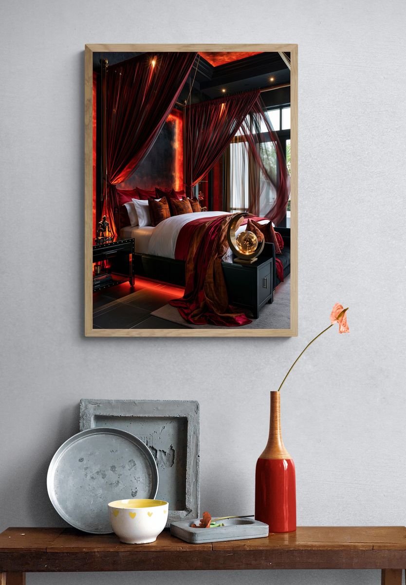 Luxury Red Canopy Bedroom Print. — room view 3
