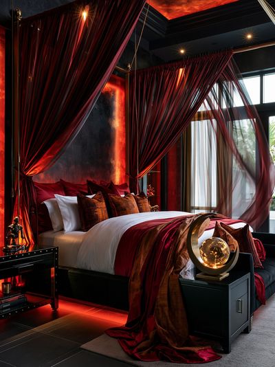 Luxury Red Canopy Bedroom Print. poster
