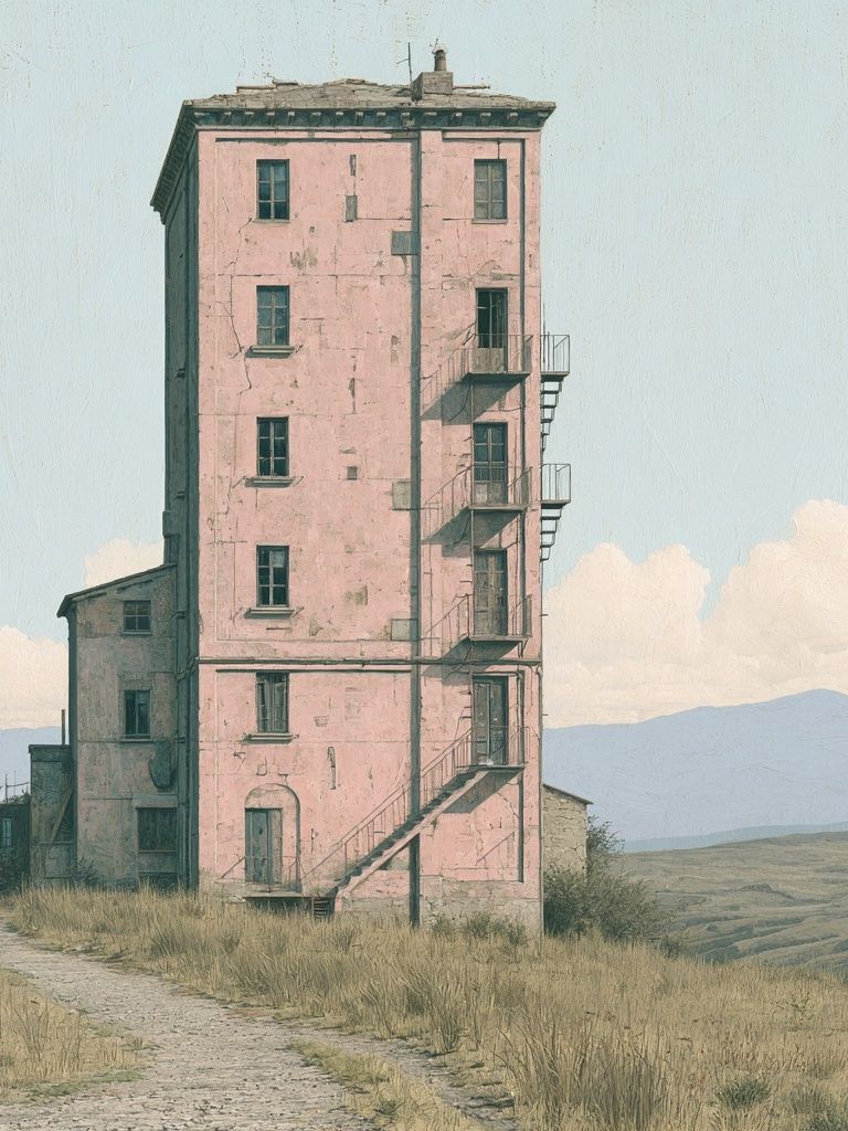 Pink Tower House Landscape Print. poster detail