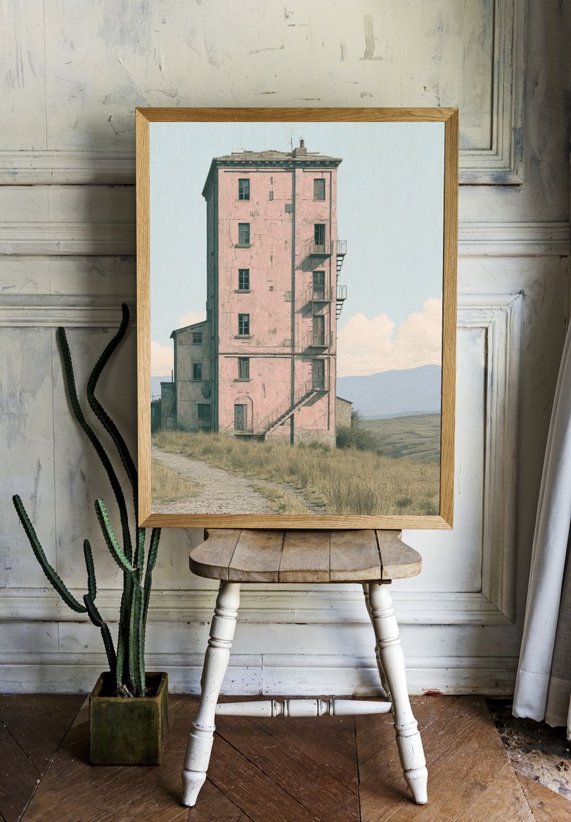 Pink Tower House Landscape Print. — room view 1