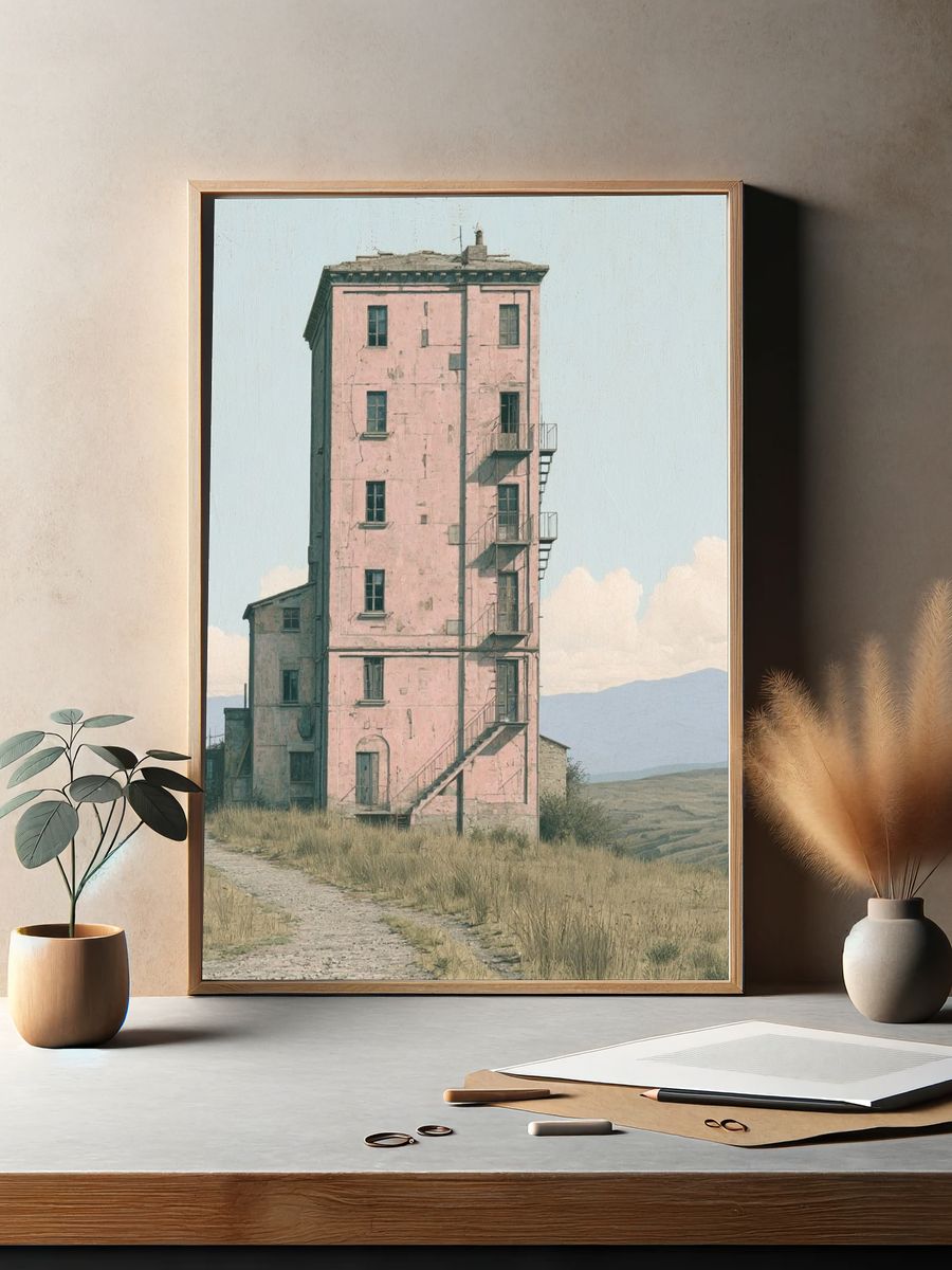 Pink Tower House Landscape Print. — room view 2