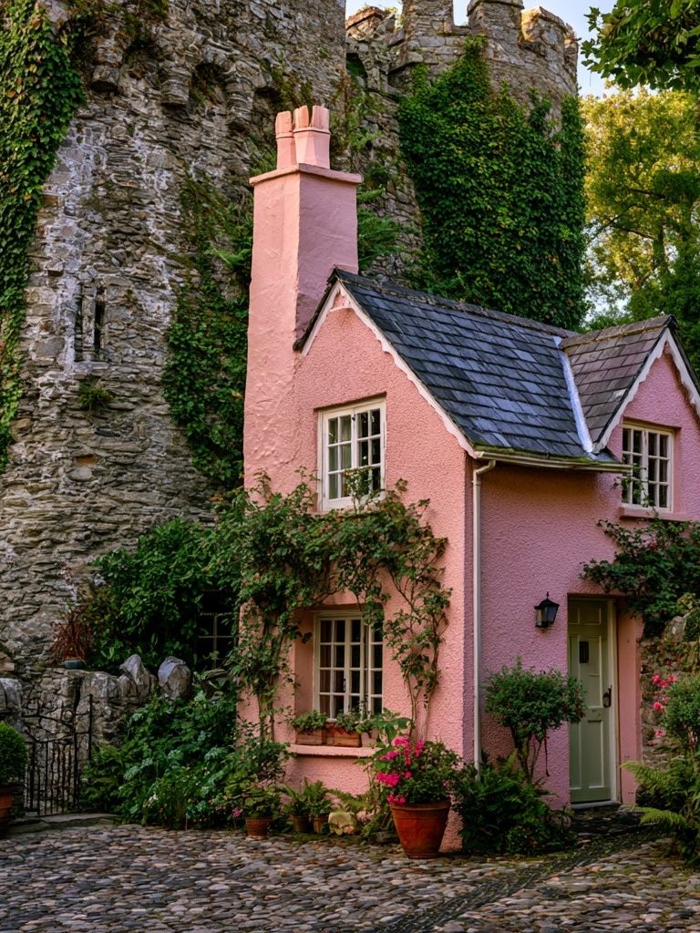 Pink Cottage by the Castle Poster. poster — architecture art