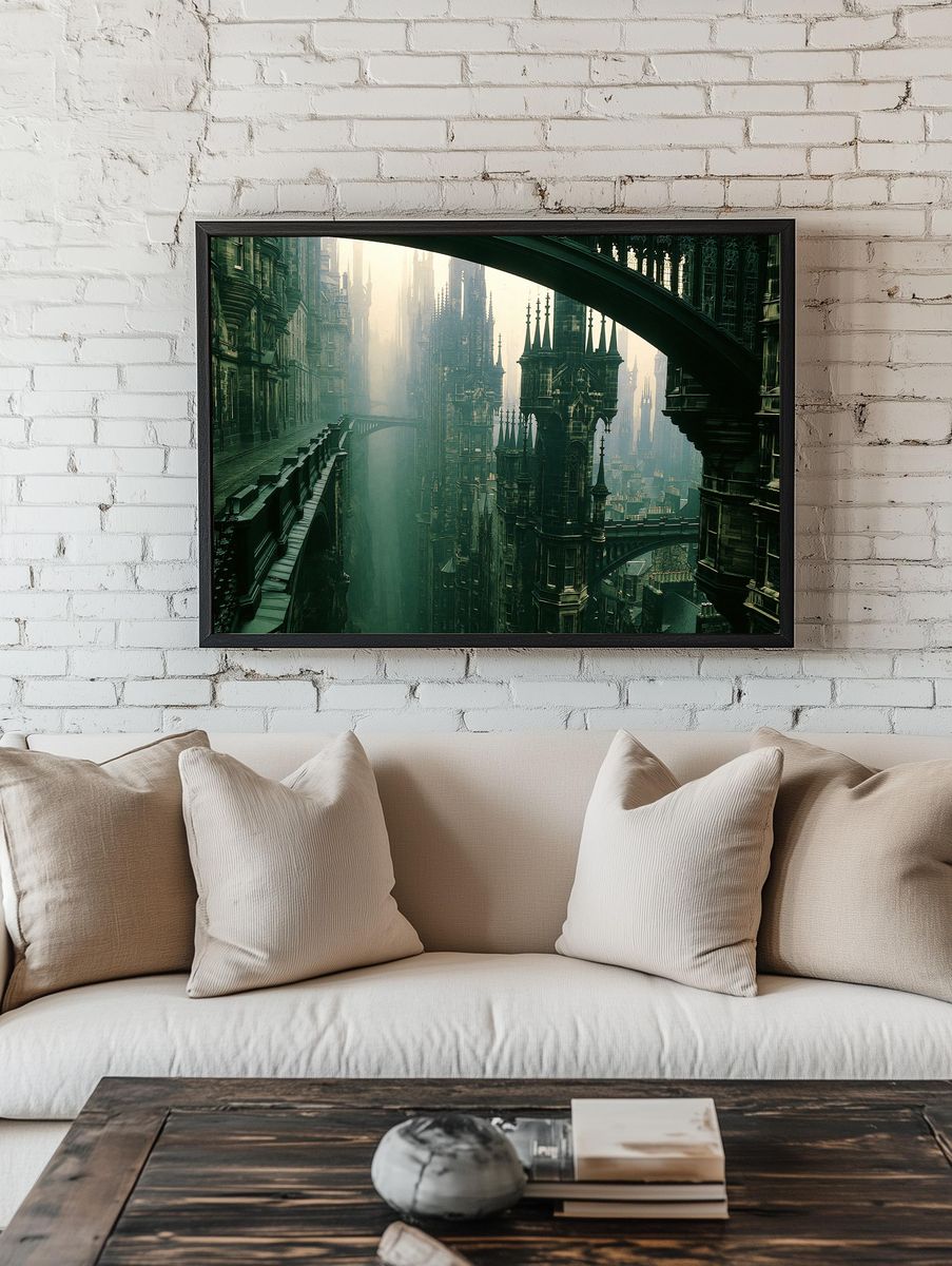Gothic Skybridge Cityscape Print. room preview