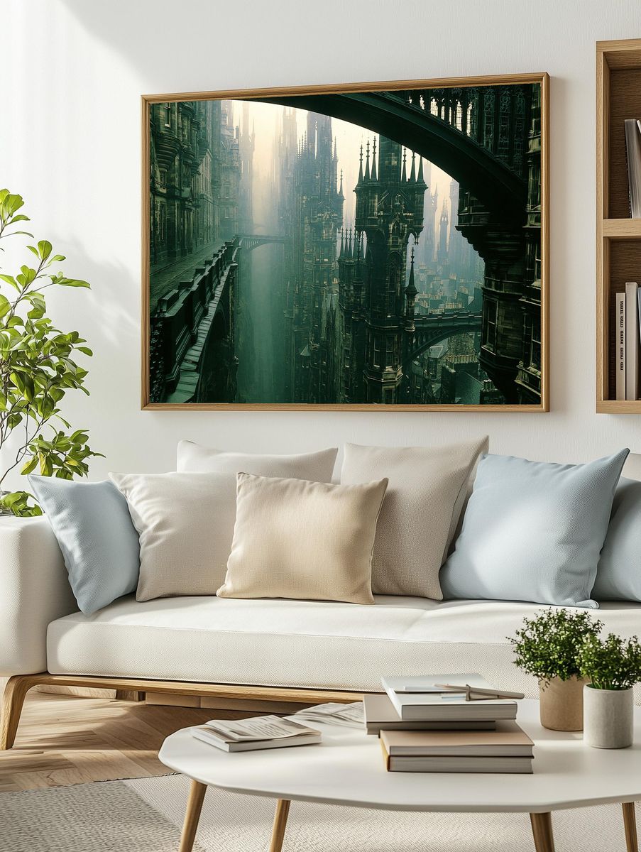 Gothic Skybridge Cityscape Print. — room view 2