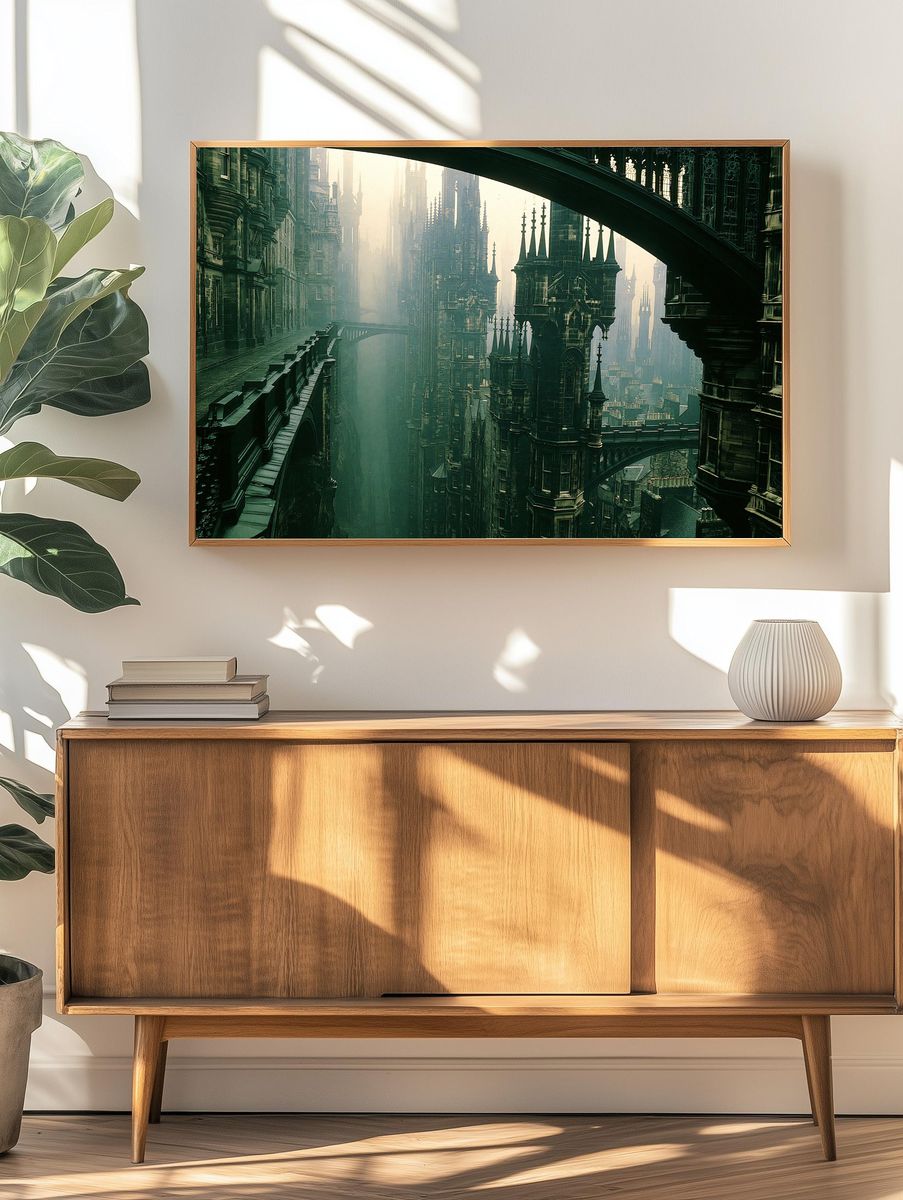 Gothic Skybridge Cityscape Print. — room view 3