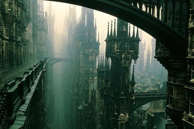 Gothic Skybridge Cityscape Print. poster