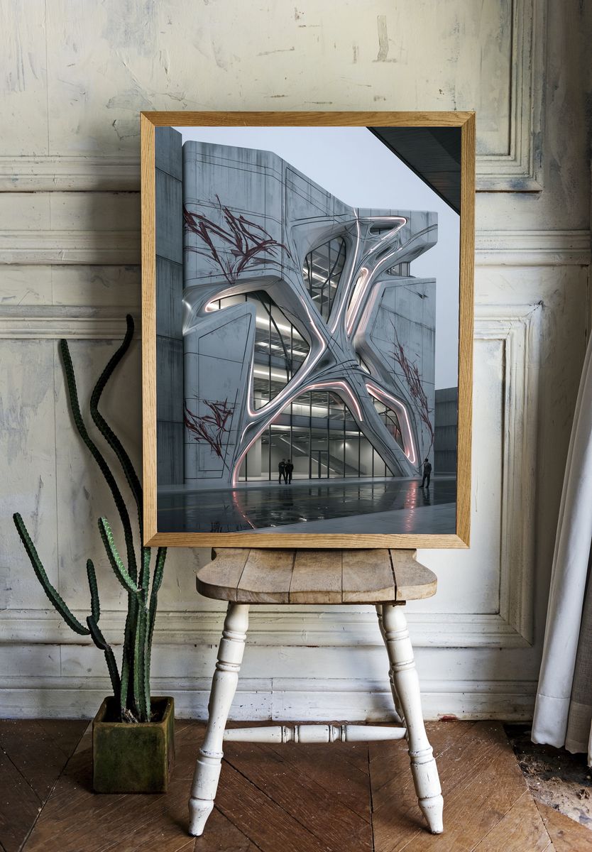 Futuristic Brutalist Building Poster. room preview