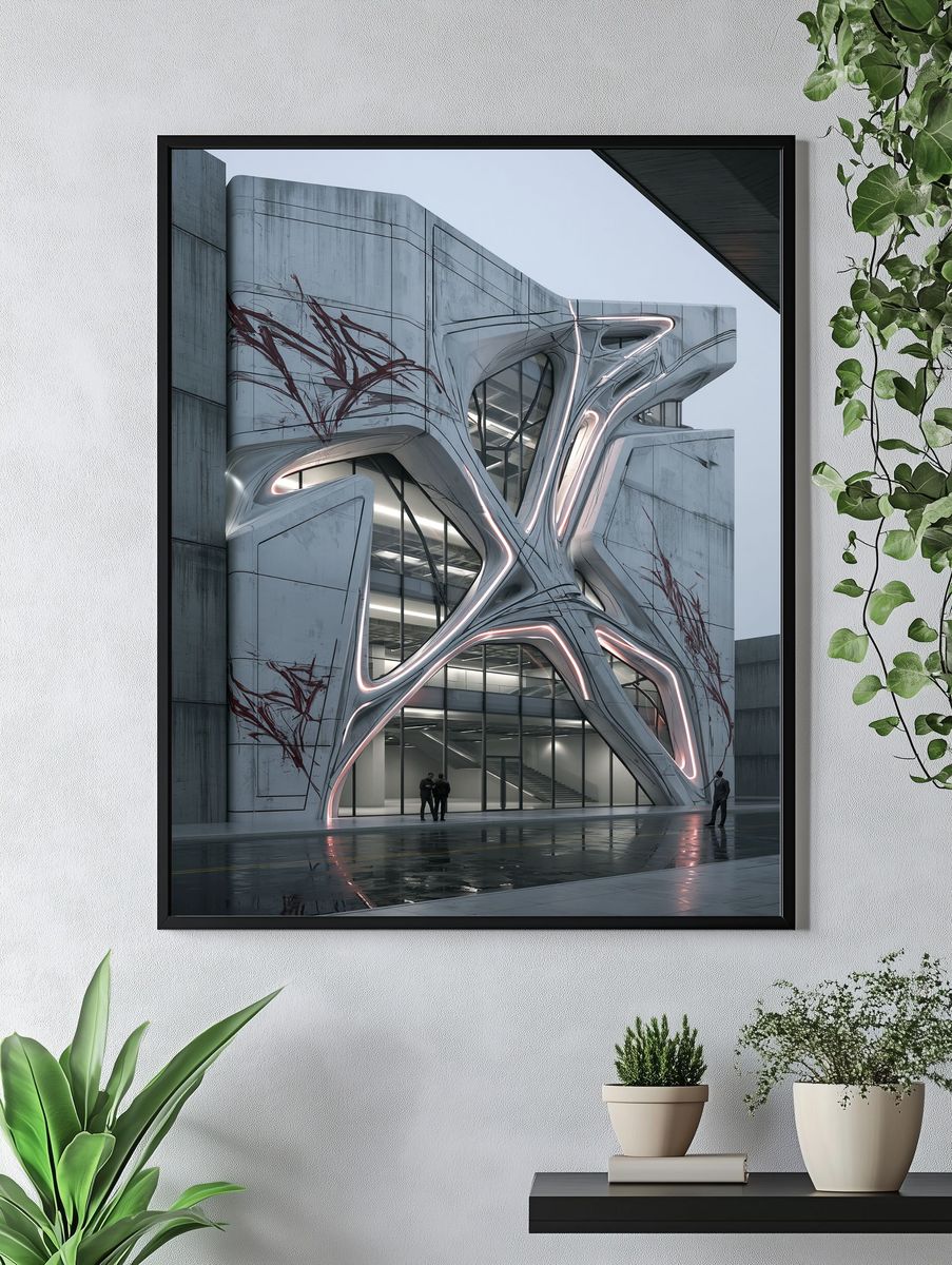 Futuristic Brutalist Building Poster. — room view 4