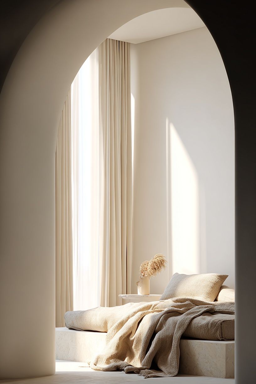 Sunlit Minimal Bedroom Interior Print. poster — architecture art