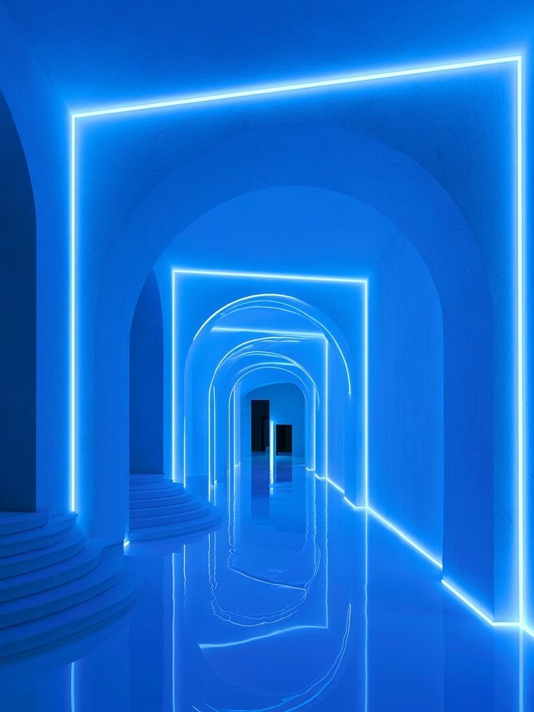 Neon Blue Archway Corridor Poster. poster — architecture art