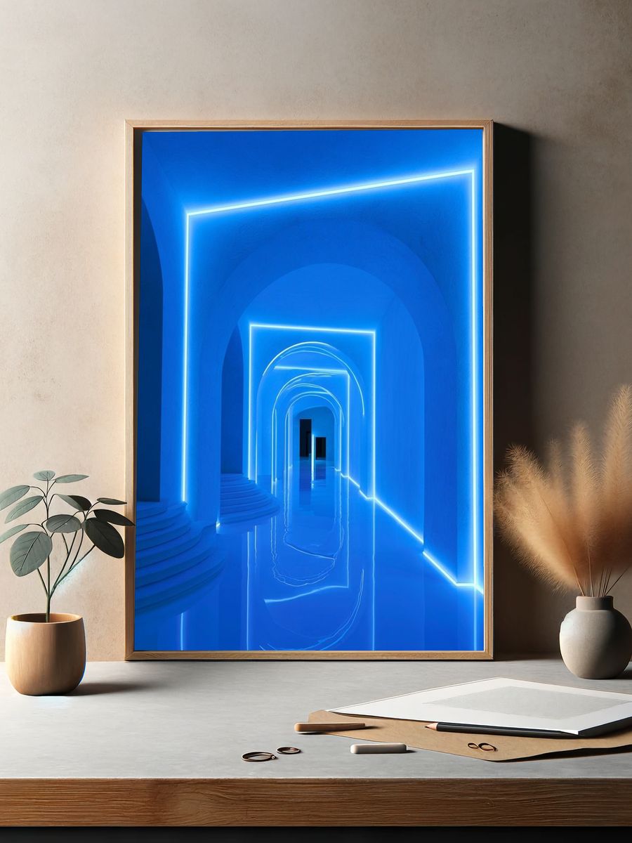 Neon Blue Archway Corridor Poster. — room view 2