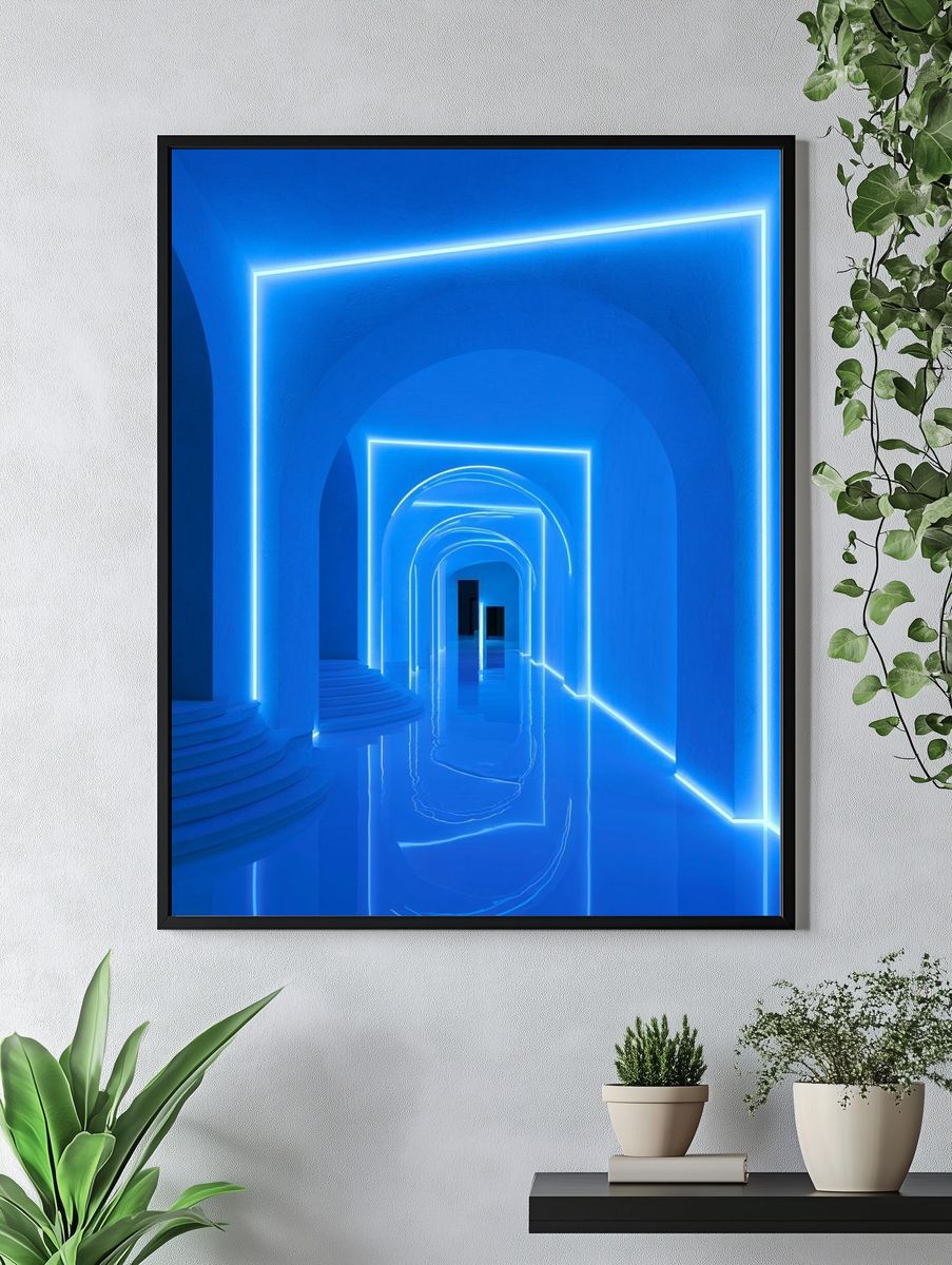 Neon Blue Archway Corridor Poster. — room view 4
