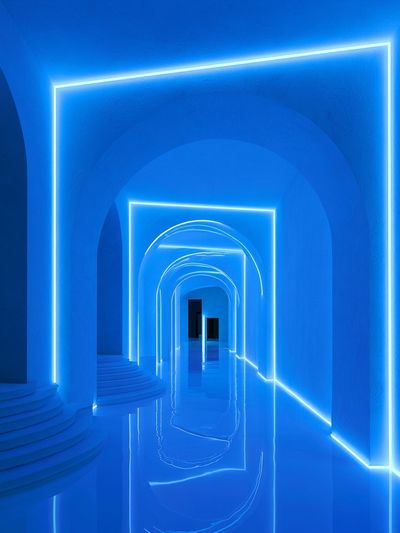 Neon Blue Archway Corridor Poster. poster