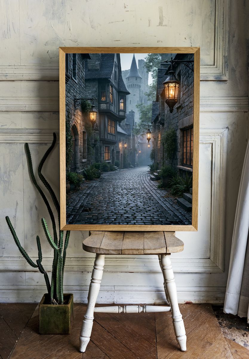 Misty Medieval Alley Photography Poster. — room view 1