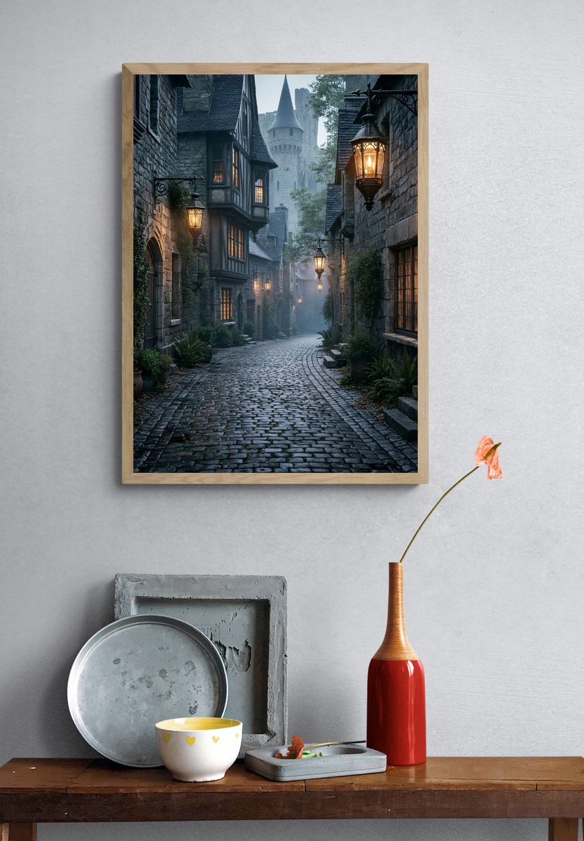 Misty Medieval Alley Photography Poster. — room view 3