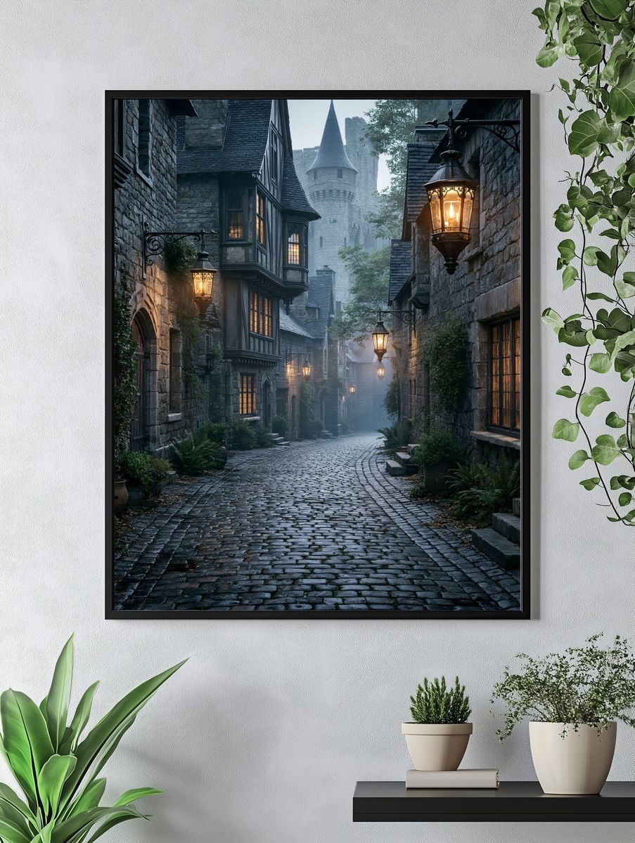 Misty Medieval Alley Photography Poster. — room view 4