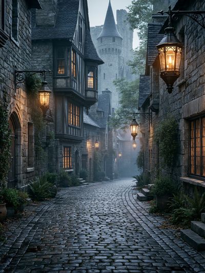 Misty Medieval Alley Photography Poster.