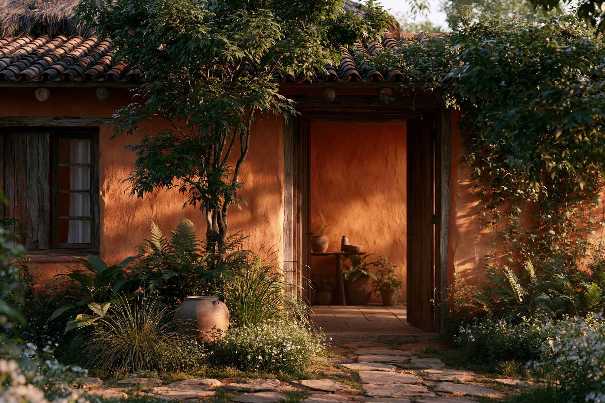 Rustic Adobe Garden House Print. poster — architecture art