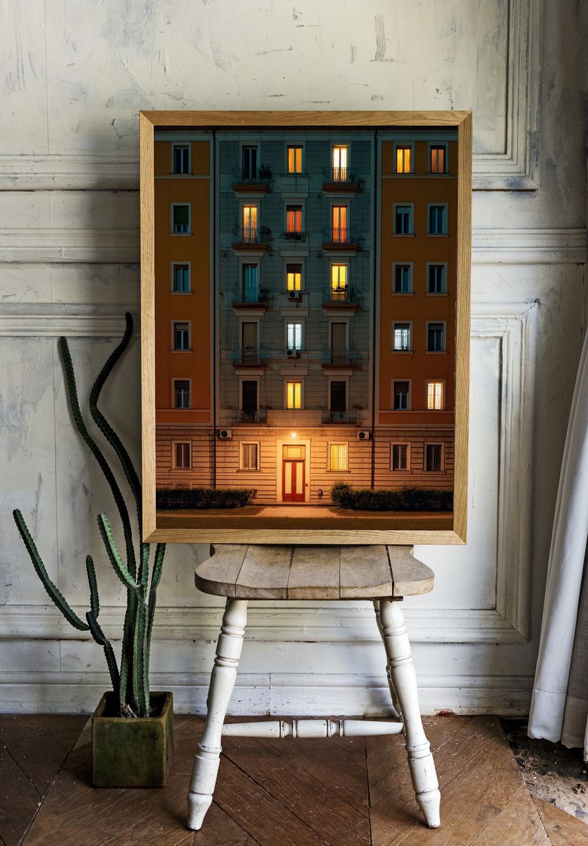 Lit Apartment Facade Photography Poster. — room view 1