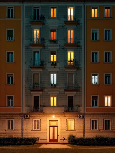 Lit Apartment Facade Photography Poster. poster