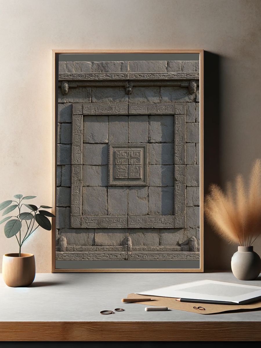 Ancient Stone Relief Architecture Print. — room view 2