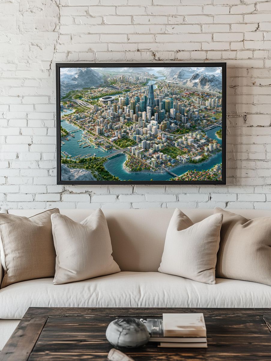 Futuristic Coastal Cityscape Print. — room view 1
