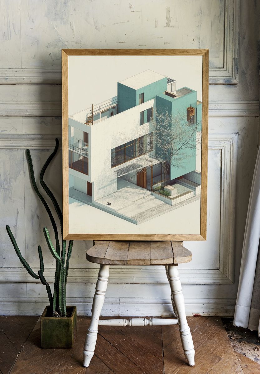Modern House Isometric Architecture Print. — room view 1