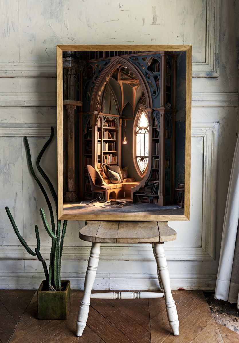 Gothic Library Nook Architecture Print. — room view 1
