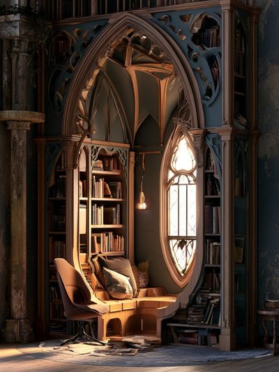 Gothic Library Nook Architecture Print. poster