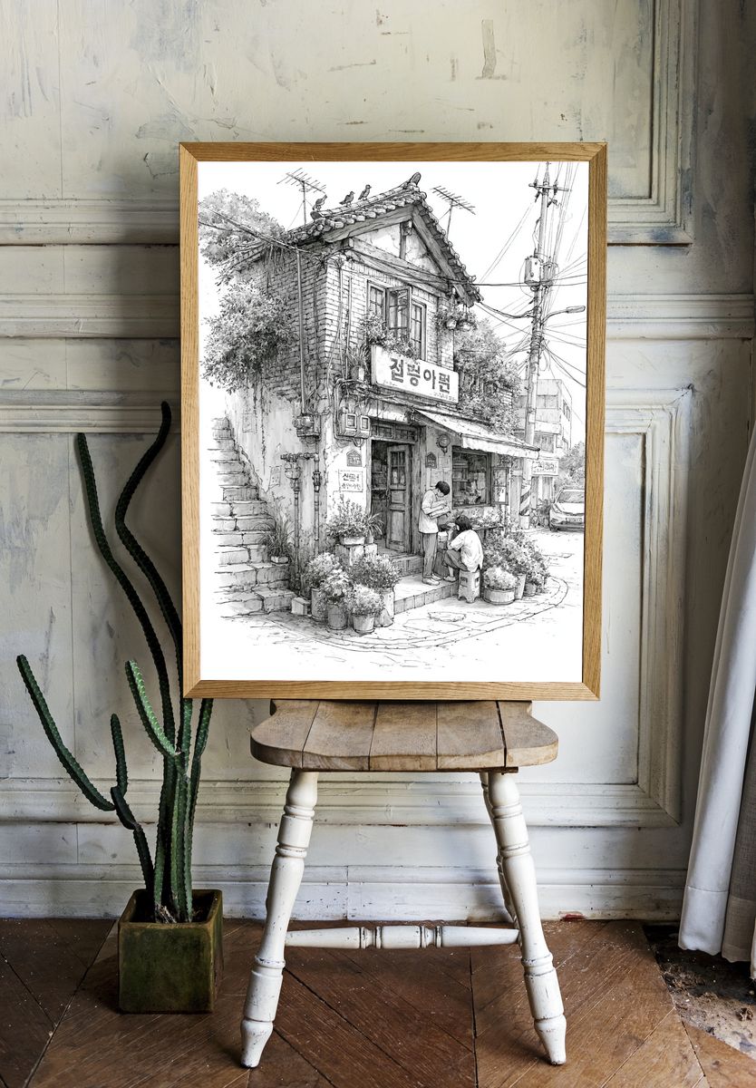 Korean Alley House Sketch Poster. — room view 1