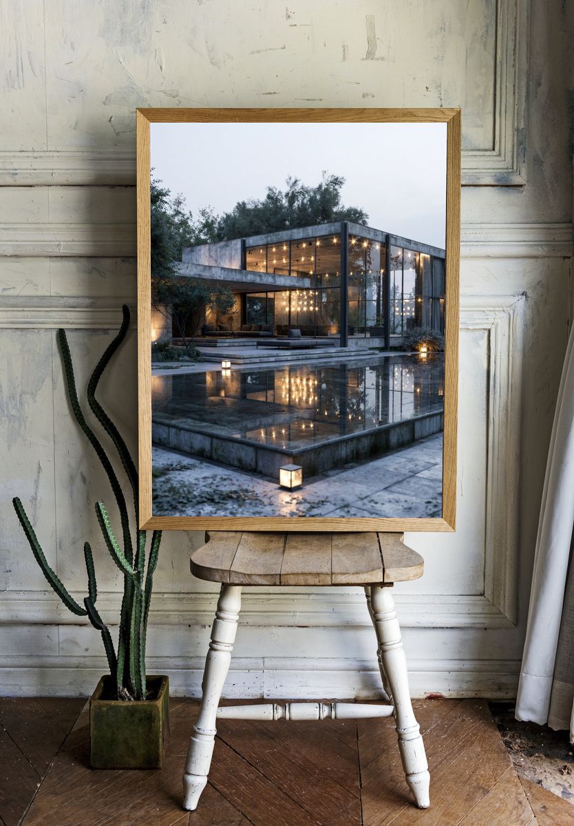 Modern Glass House at Dusk Poster. — room view 1