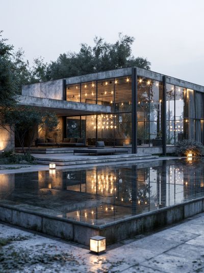 Modern Glass House at Dusk Poster. poster