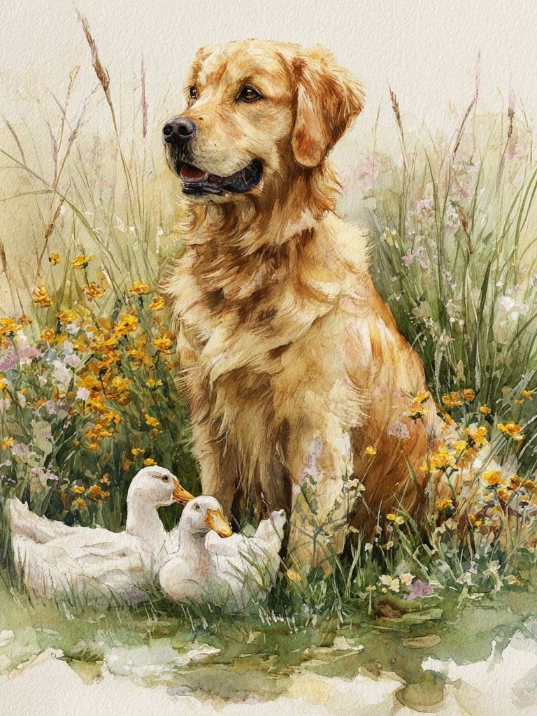Golden Retriever with Ducks — Watercolor Print. poster detail