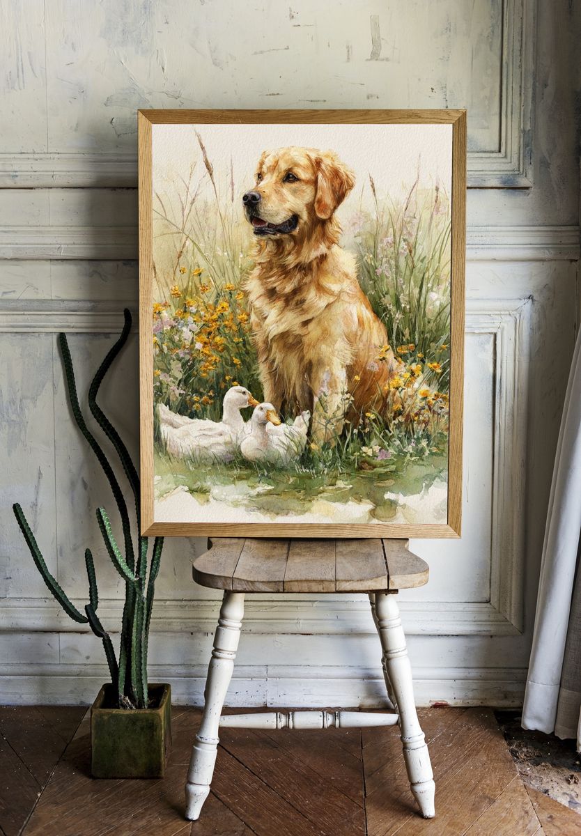 Golden Retriever with Ducks — Watercolor Print. room preview