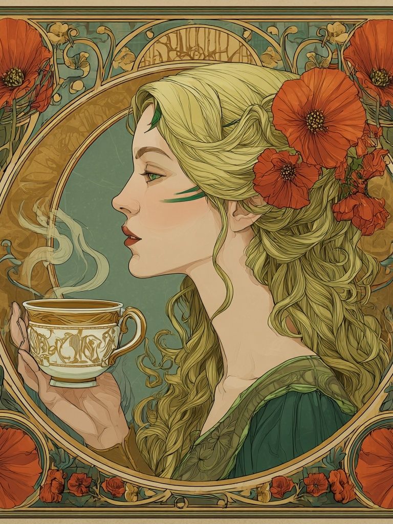 Elegant Woman with Tea — Art Nouveau Print. poster detail