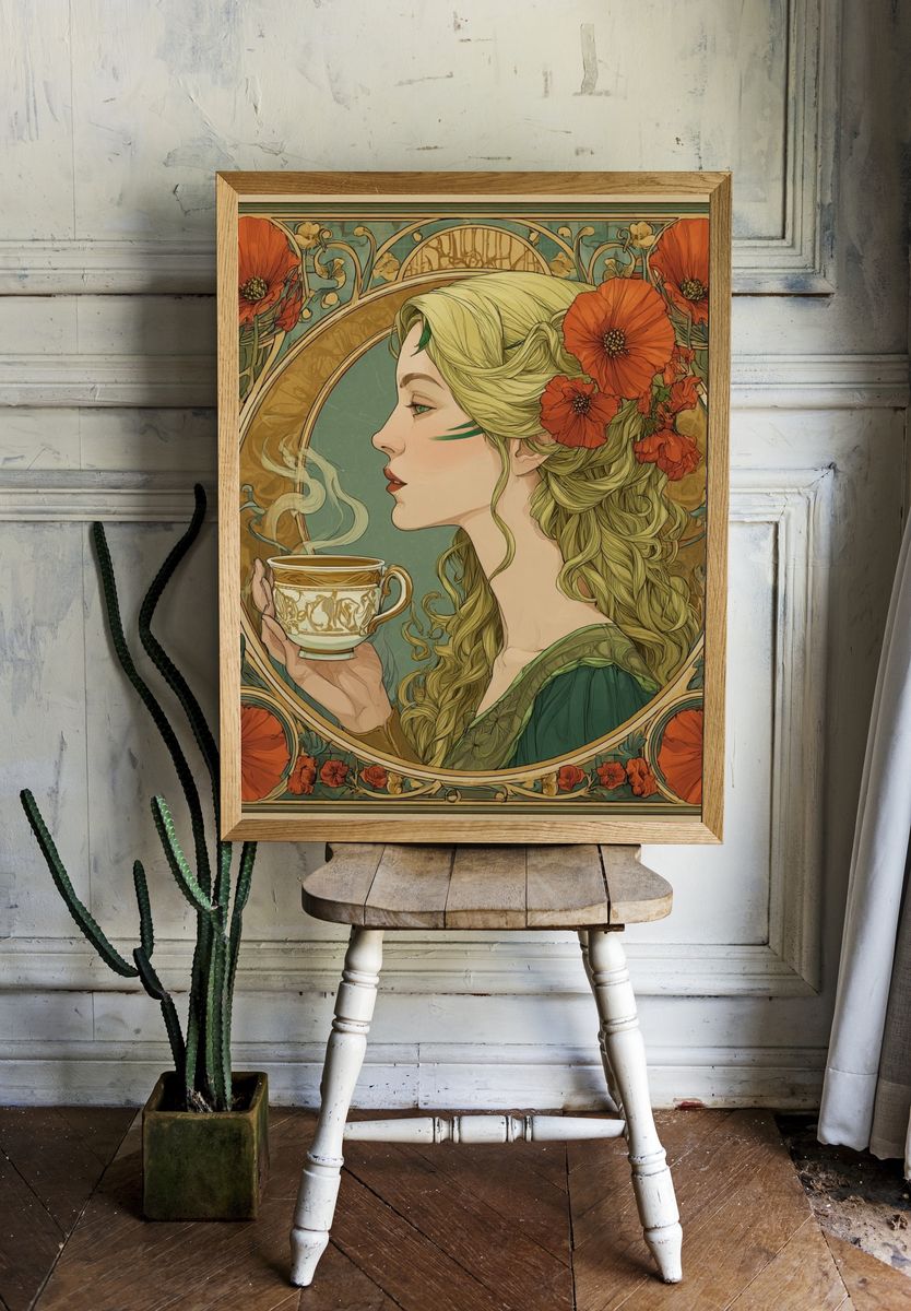Elegant Woman with Tea — Art Nouveau Print room preview