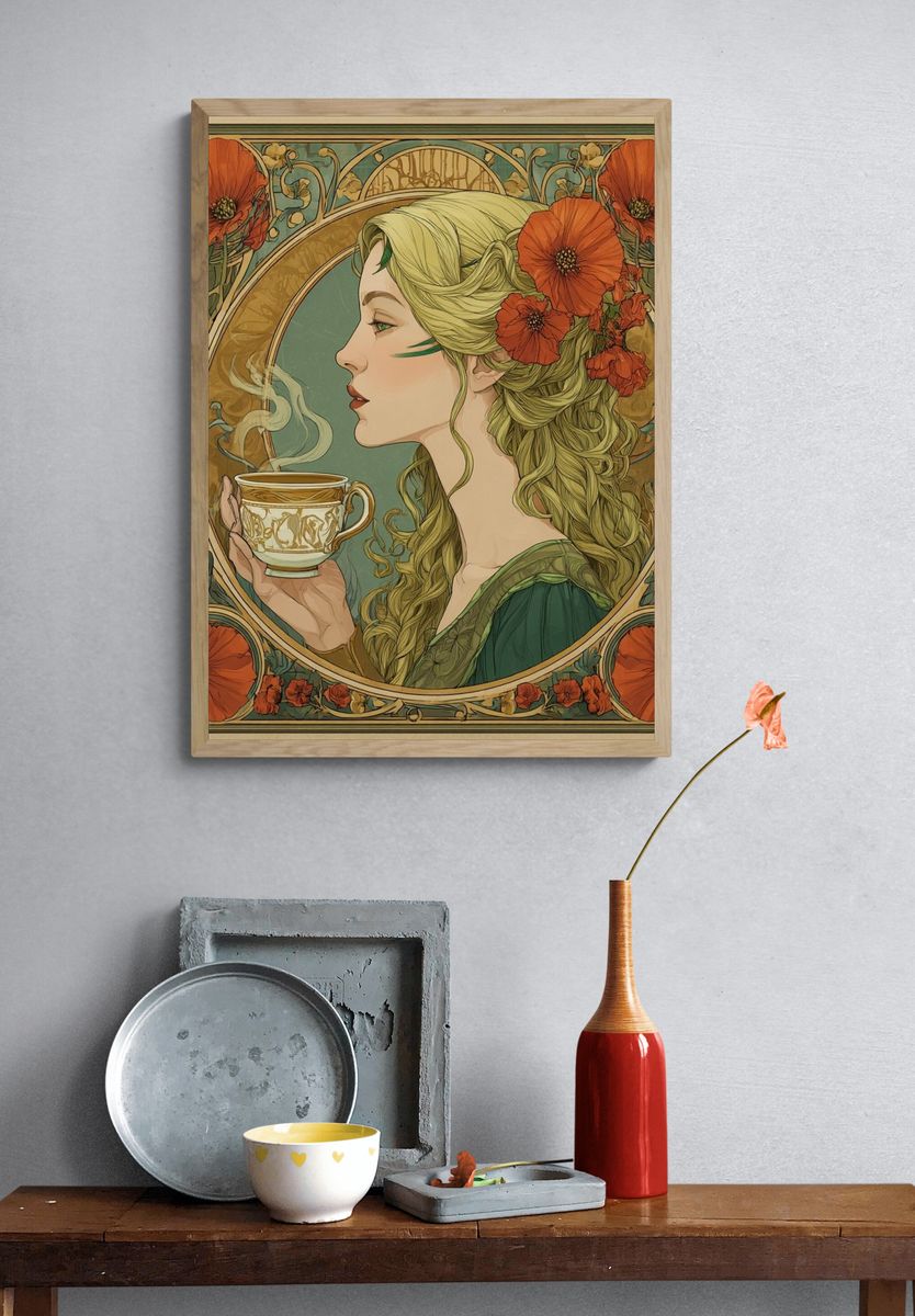 Elegant Woman with Tea — Art Nouveau Print. — room view 3